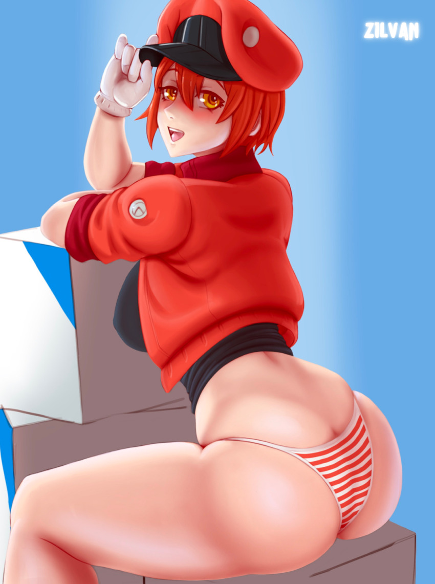 1girl :d adjusting_clothes adjusting_headwear ae-3803 arm_support artist_name ass back black_shirt blue_background blush box breasts butt_crack newsboy_cap cardboard_box commentary cropped_jacket english_commentary feet_out_of_frame from_behind gloves gradient_background hair_between_eyes hand_on_headwear hat hataraku_saibou highleg highleg_panties highres jacket large_breasts looking_at_viewer looking_back no_pants nose_blush on_box open_mouth panties red_blood_cell_(hataraku_saibou) red_hair red_hat red_jacket red_panties ringed_eyes shaded_face shirt short_hair short_sleeves sitting sitting_on_box smile solo straddling striped_clothes striped_panties teeth underwear upper_teeth_only white_gloves white_panties yellow_eyes zilvan