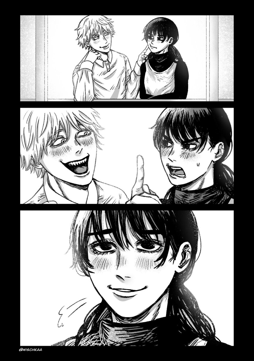 1boy 1girl blush chainsaw_man denji_(chainsaw_man) greyscale highres index_finger_raised long_hair low_twintails mitaka_asa monochrome open_mouth polo_shirt sharp_teeth short_hair sweatdrop teeth turtleneck twintails wischkaa