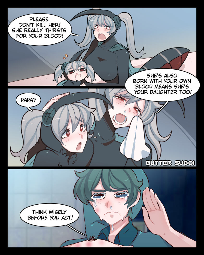 &lt;o&gt;_&lt;o&gt; 1boy 2girls 3koma arthropod_girl artist_name blood blood_from_mouth blue_eyes breasts bug_bite butter_sugoi comic commentary crying english_text green_hair grey_hair handkerchief hat highres large_breasts mosquito_girl mother_and_daughter multiple_girls original red_eyes snot tearing_up tears twintails wavy_eyes