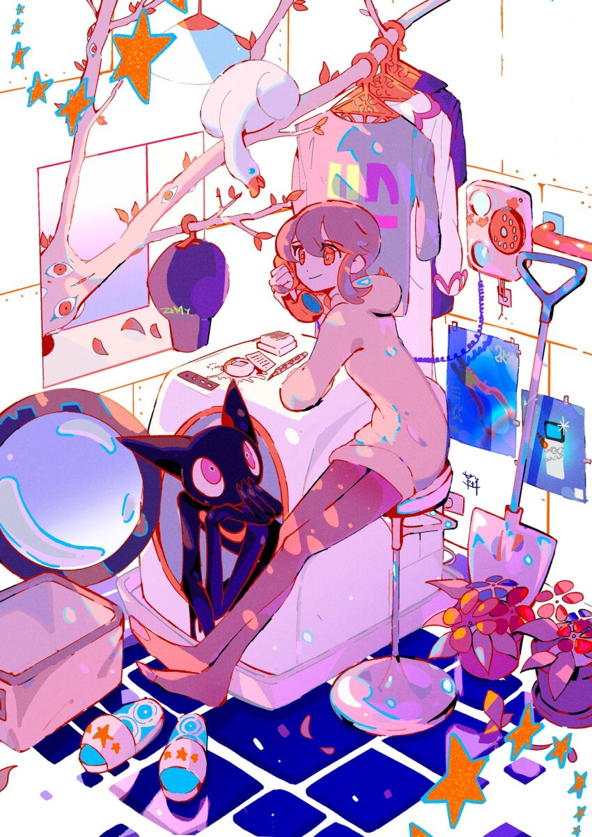 1girl aozukikawasemi black_hat brown_hair cat clothes_hanger colored_inner_hair floor grey_hoodie grey_pants hat highres holding holding_phone hood hoodie ink_neko multicolored_hair nira-chan nira-chan_(seigi)_(zutomayo) no_mouth on_chair orange_eyes orange_hair pants phone plant red_eyes seigi_(zutomayo) shirt shovel sitting slippers smile unworn_clothes unworn_hat unworn_headwear unworn_shirt washing_machine white_footwear zutto_mayonaka_de_ii_no_ni