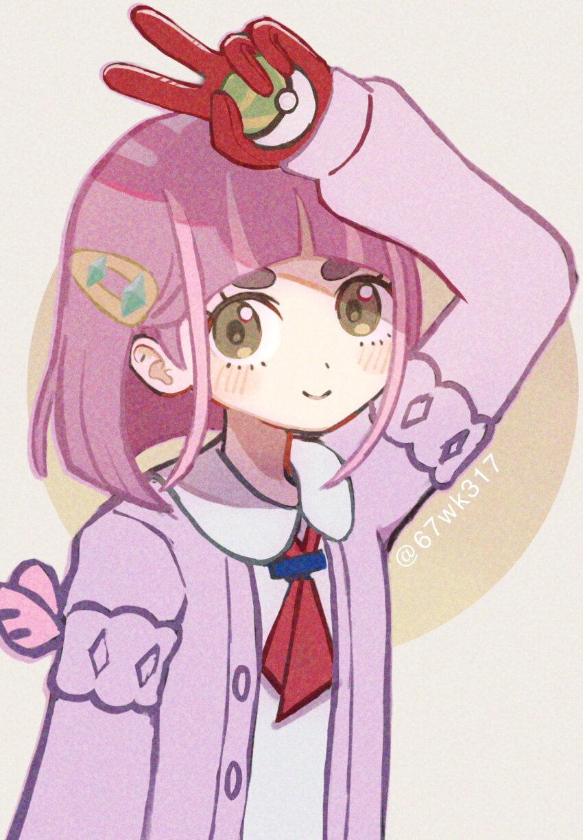 1girl 67wk317 brown_eyes cardigan closed_mouth gloves highres holding holding_poke_ball lacey_(pokemon) long_sleeves looking_at_viewer nest_ball nintendo open_cardigan open_clothes pink_cardigan pink_hair poke_ball pokemon pokemon_sv red_gloves short_hair smile solo twitter_username upper_body v