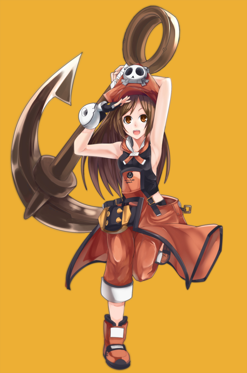 1girl anchor armpits art_is_de4d breasts brown_eyes brown_hair clothes_around_waist female_focus fingerless_gloves full_body gloves guilty_gear guilty_gear_xrd hat highres huge_weapon long_hair may_(guilty_gear) orange_background orange_hat orange_shirt pants pants_rolled_up parted_bangs pirate_hat sailor_collar salute shirt simple_background skull_and_crossbones sleeveless small_breasts solo weapon