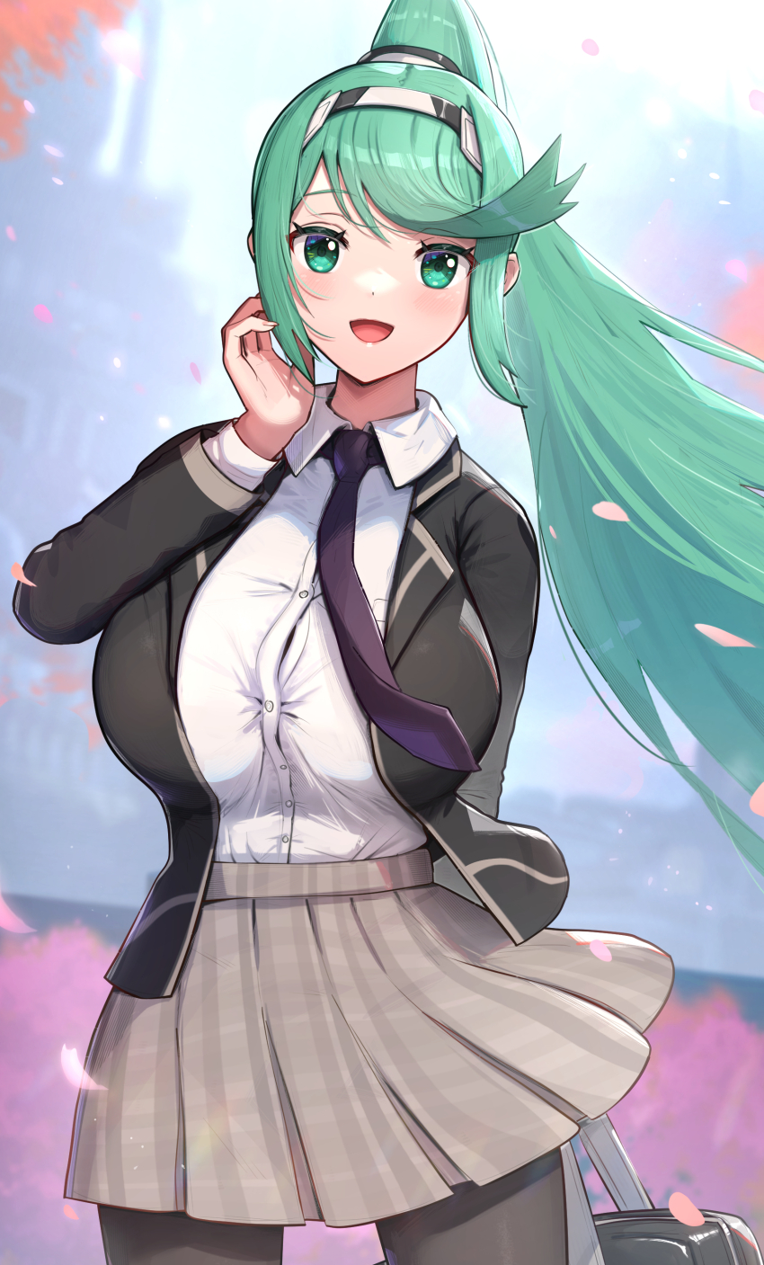 1girl absurdres alternate_costume breasts gonzarez green_eyes green_hair highres large_breasts pneuma_(xenoblade) ponytail school_uniform solo xenoblade_chronicles_(series) xenoblade_chronicles_2