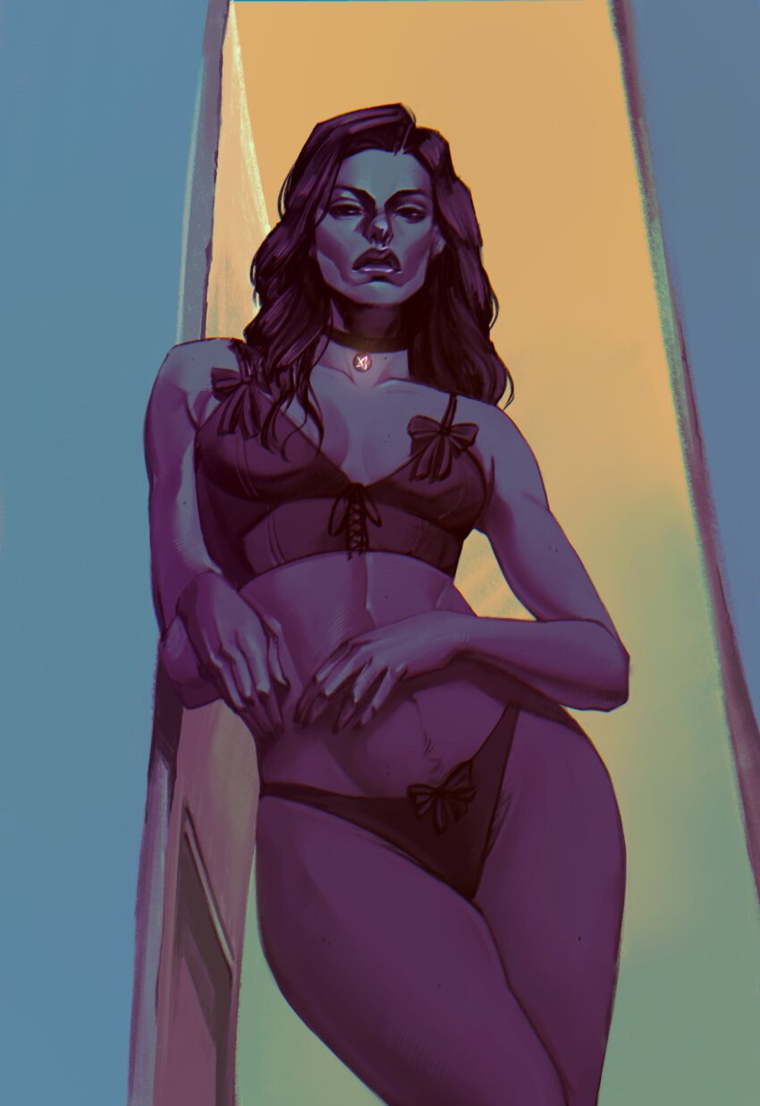 1girl adawongsgirlie black_bra black_choker black_hair black_panties bra breasts choker highres long_hair looking_at_viewer panties pendant_choker small_breasts solo the_witcher_(series) the_witcher_3 underwear yennefer_of_vengerberg