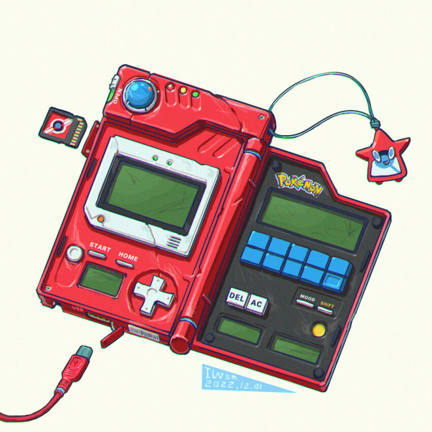artist_name barcode cable charm_(object) chromatic_aberration dated english_text gen_4_pokemon iwse_zhang logo nintendo no_humans pokedex pokemon pokemon_(anime) pokemon_(classic_anime) rotom rotom_(other) sd_card signature simple_background still_life usb_port_(object) white_background