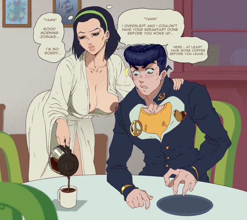 1boy 1girl bathrobe black_hair blue_eyes blue_hair breasts coffee_mug coffee_pot cup dark_nipples diamond_wa_kudakenai gakuran hair_slicked_back half-closed_eyes higashikata_josuke higashikata_tomoko indoors jojo_no_kimyou_na_bouken large_breasts lips looking_at_another looking_at_breasts mug nipple_slip nipples peppr_n&#039;_salt pompadour school_uniform sitting sleepy speech_bubble surprised