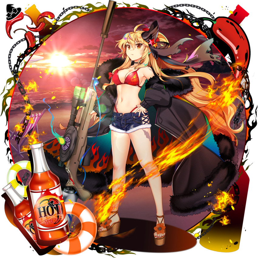 1girl ahoge alternate_costume anti-materiel_rifle beach_chair bikini bikini_top_only black_bow black_coat blonde_hair bottle bow breasts chili_pepper cleavage closed_mouth coat deck_chair fire flame_print full_body game_cg gun hair_bow highres hot_sauce innertube kirisame_marisa kirisame_marisa_(witch_of_scarlet_dreams) kirisame_marisa_(witch_of_scarlet_dreams_on_vacation) large_breasts long_hair looking_at_viewer mini-hakkero navel official_art red_bikini red_nails rifle rotte_(1109) scar scope short_shorts shorts sniper_rifle solo standing star_(symbol) sun suppressor swim_ring swimsuit third-party_source torn_bow touhou touhou_lostword transparent_background very_long_hair weapon