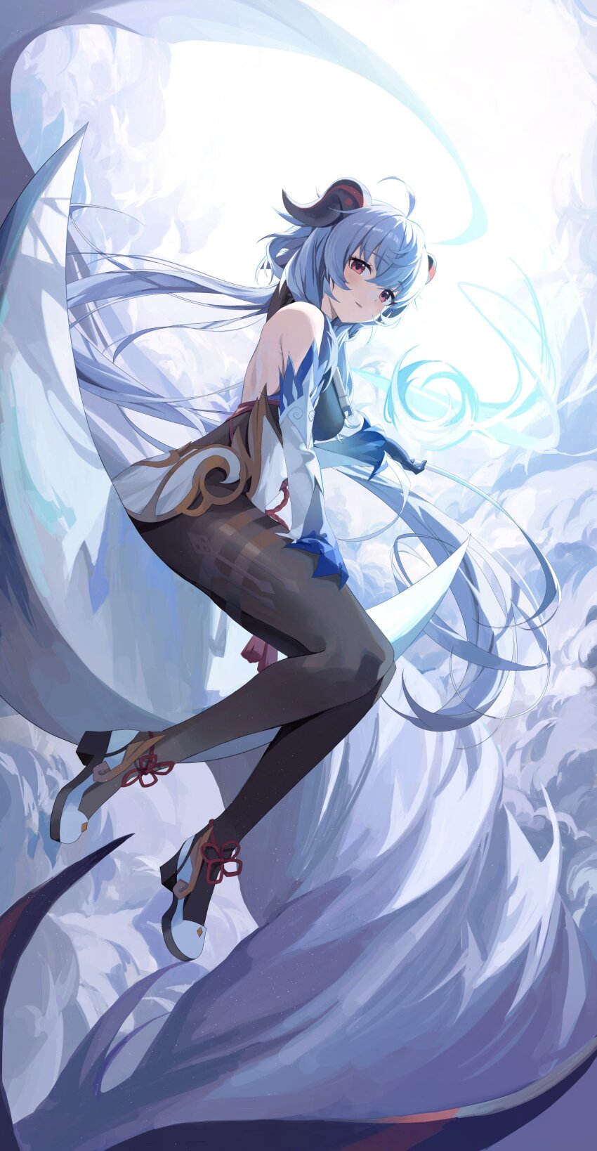 1girl above_clouds absurdres ahoge back backless_outfit bare_shoulders bell black_gloves black_leotard black_pantyhose blue_hair blush bodystocking chinese_knot cloud cloudy_sky cowbell crossed_bangs detached_sleeves floating_hair flower_knot from_side ganyu_(genshin_impact) genshin_impact gloves goat_horns gold_trim hair_between_eyes highres horns jewelry leotard leotard_under_clothes long_hair looking_at_viewer nagul neck_bell pantyhose red_eyes sidelocks skirt sky solo tassel thighlet white_footwear white_skirt white_sleeves
