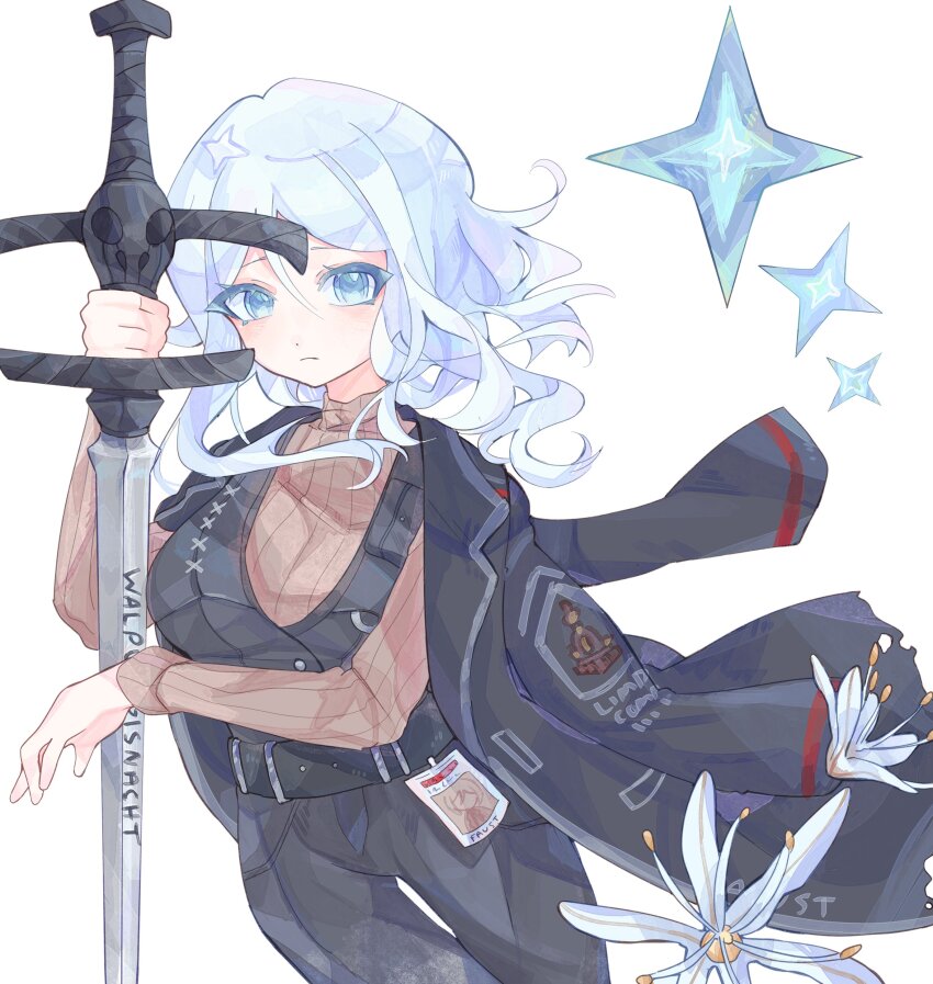 1girl absurdres black_coat black_pants black_vest blue_eyes breasts brown_sweater closed_mouth coat coat_on_shoulders faust_(project_moon) flower highres holding holding_sword holding_weapon kyuncat limbus_company long_sleeves looking_at_viewer pants project_moon short_hair simple_background solo standing star_(symbol) sweater sword upper_body vest weapon white_background white_flower white_hair