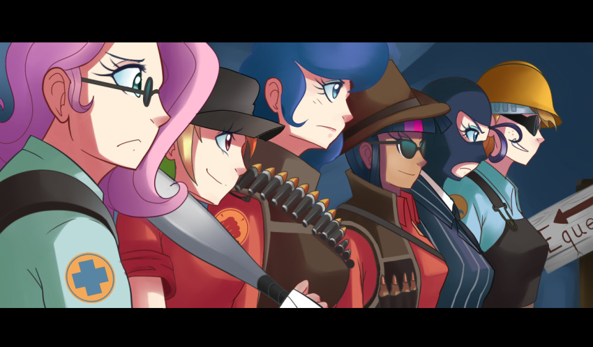 6+girls balaclava bandaged_arm bandages baseball_bat blonde_hair blu_engineer_(tf2) blu_medic_(tf2) blu_spy_(tf2) blue_coat blue_eyes blue_hair blue_jacket blue_necktie blue_overalls blunt_bangs breasts brown_vest bullet bulletproof_vest character_request closed_mouth coat collared_shirt commentary copyright_request dark-skinned_female dark_skin engineer_(tf2) english_commentary formal_clothes glasses goggles grin hard_hat heavy_(tf2) helmet hime_cut holding holding_baseball_bat jacket lab_coat long_hair long_sleeves medic_(tf2) medium_breasts multicolored_hair multiple_girls my_little_pony necktie nervous orange_hair overalls pink_hair polo_shirt purple_hair red_heavy_(tf2) red_scout_(tf2) red_shirt red_sniper_(tf2) round_eyewear sally_(luna-arts) scout_(tf2) shirt short_sleeves smile sniper_(tf2) spy_(tf2) striped_clothes striped_jacket sunglasses tareme team_fortress_2 teeth upper_body vertical-striped_clothes vertical-striped_jacket vest white_shirt
