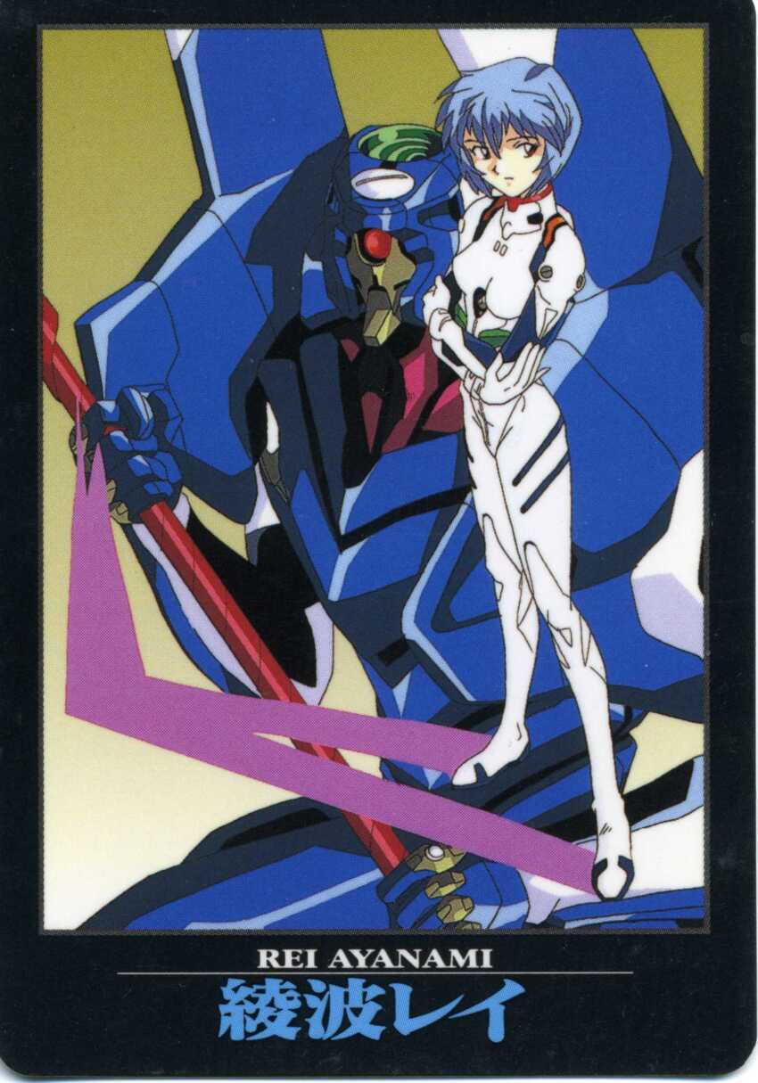 1girl absurdres ayanami_rei blue_hair bodysuit breasts character_name closed_mouth eva_00 hair_between_eyes highres mecha mecha_pilot_suit neon_genesis_evangelion official_art plugsuit_(evangelion) robot sadamoto_yoshiyuki scan scan_artifacts short_hair