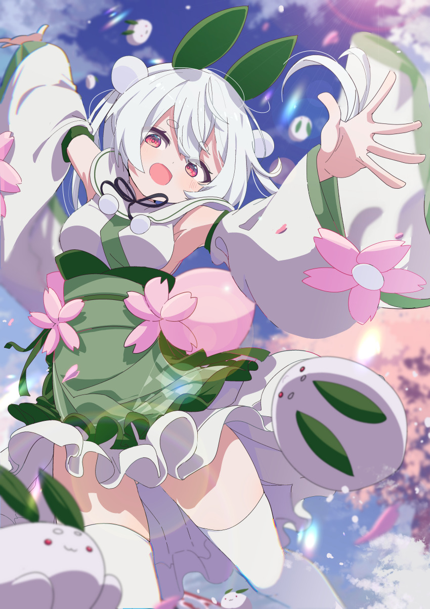 1girl absurdres animal_ears armpits black_ribbon blue_sky blurry breasts cherry_blossoms commission day detached_sleeves flower frills green_skirt hair_ornament highres japanese_clothes kimono long_hair long_sleeves looking_at_viewer medium_breasts neck_ribbon obi open_mouth original outdoors outstretched_arms petals pink_flower rabbit_ears red_eyes ribbon sash shiro9jira skeb_commission skirt sky sleeveless smile snow_rabbit solo thighhighs virtual_youtuber white_hair white_sleeves white_thighhighs wide_sleeves