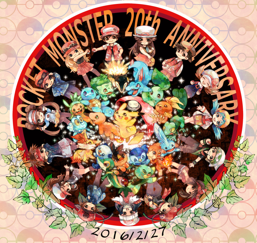 6+boys 6+girls animal_ear_fluff anniversary arm_behind_back backwards_hat beanie black_hair black_shirt black_thighhighs blue_hair blue_jacket blue_overalls blue_shirt brendan_(pokemon) brown_eyes brown_hair bulbasaur calem_(pokemon) charmander chespin chikorita chimchar closed_mouth colored_sclera copyright_name cyndaquil dawn_(pokemon) denim denim_shorts double_bun fennekin fire flame-tipped_tail froakie gen_1_pokemon gen_2_pokemon gen_3_pokemon gen_4_pokemon gen_5_pokemon gen_6_pokemon green_eyes hair_bun hand_on_own_hip hat highres hilbert_(pokemon) hilda_(pokemon) holding holding_poke_ball jacket kris_(pokemon) leaf_(pokemon) licking_lips long_hair lucas_(pokemon) lyra_(pokemon) may_(pokemon) mokunami mudkip multiple_boys multiple_girls nate_(pokemon) nintendo nostrils one_eye_closed open_mouth oshawott outstretched_arm overalls pikachu piplup poke_ball poke_ball_(basic) pokemon pokemon_(creature) pokemon_dppt pokemon_frlg pokemon_gsc pokemon_hgss pokemon_platinum pokemon_rgby pokemon_rse ponytail red_(pokemon) red_hat red_jacket red_shirt red_skirt rosa_(pokemon) scarf serena_(pokemon) shirt short_hair shorts skirt smile snivy squirtle sunglasses tail talons tepig thighhighs tongue tongue_out torchic totodile treecko turtwig twintails v visor_cap white_hat white_jacket white_scarf yellow_bag yellow_hat yellow_sclera yellow_shorts