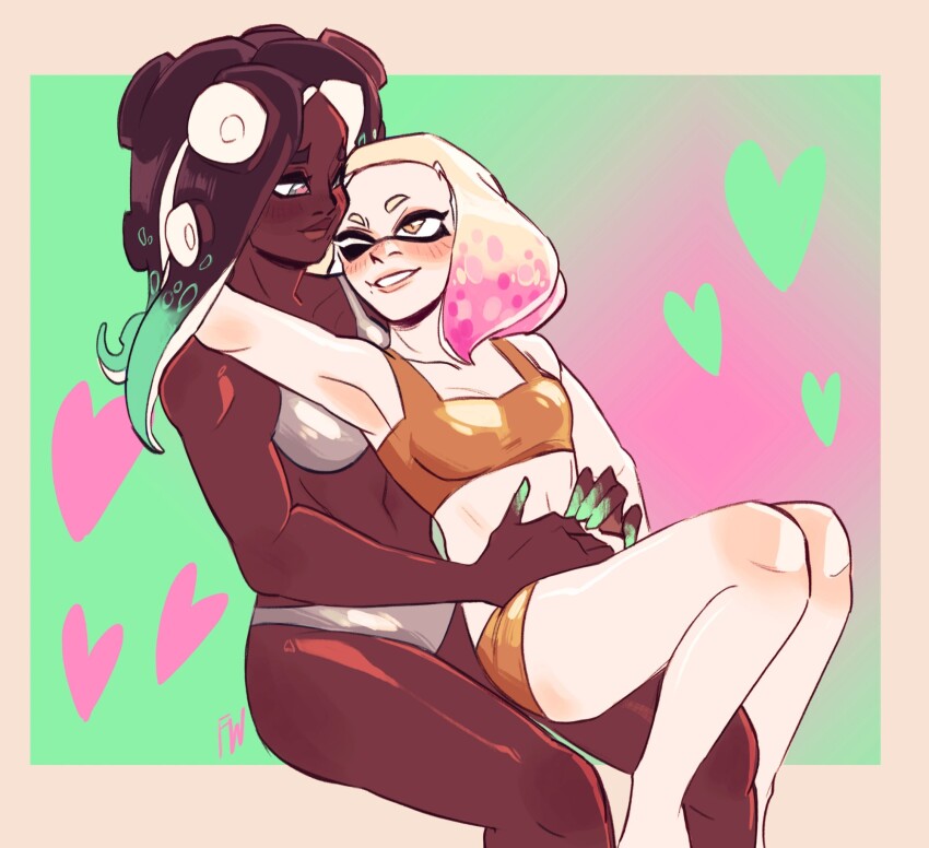 2girls bikini firrreworkss gold_bikini highres inkling marina_(splatoon) multiple_girls nintendo octoling pearl_(splatoon) silver_bikini splatoon_(series) splatoon_2 swimsuit yuri