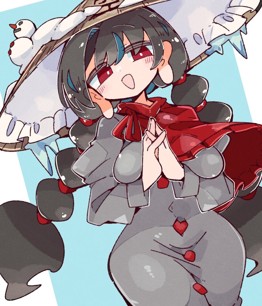 1girl black_hair hat highres massakasama red_eyes solo touhou twintails yatadera_narumi