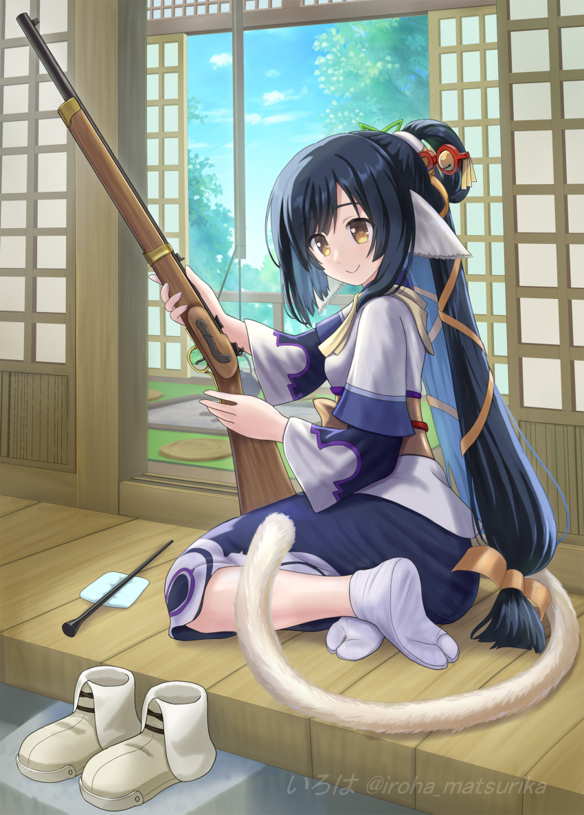 1girl absurdres animal_ears bell black_dress black_hair blue_hair blue_sky breasts brown_eyes brown_ribbon brown_shoes closed_mouth cloud commentary_request commission day dress gun hair_bun hair_ribbon highres holding holding_gun holding_weapon iroha_(iroha_matsurika) jingle_bell kuon_(utawarerumono) layered_sleeves long_hair long_sleeves multicolored_hair obi outdoors pixiv_commission ribbon sash shoes short_over_long_sleeves short_sleeves sky small_breasts smile soles solo tabi tail two-tone_hair unworn_shoes utawarerumono utawarerumono:_itsuwari_no_kamen very_long_hair weapon weapon_request wide_sleeves