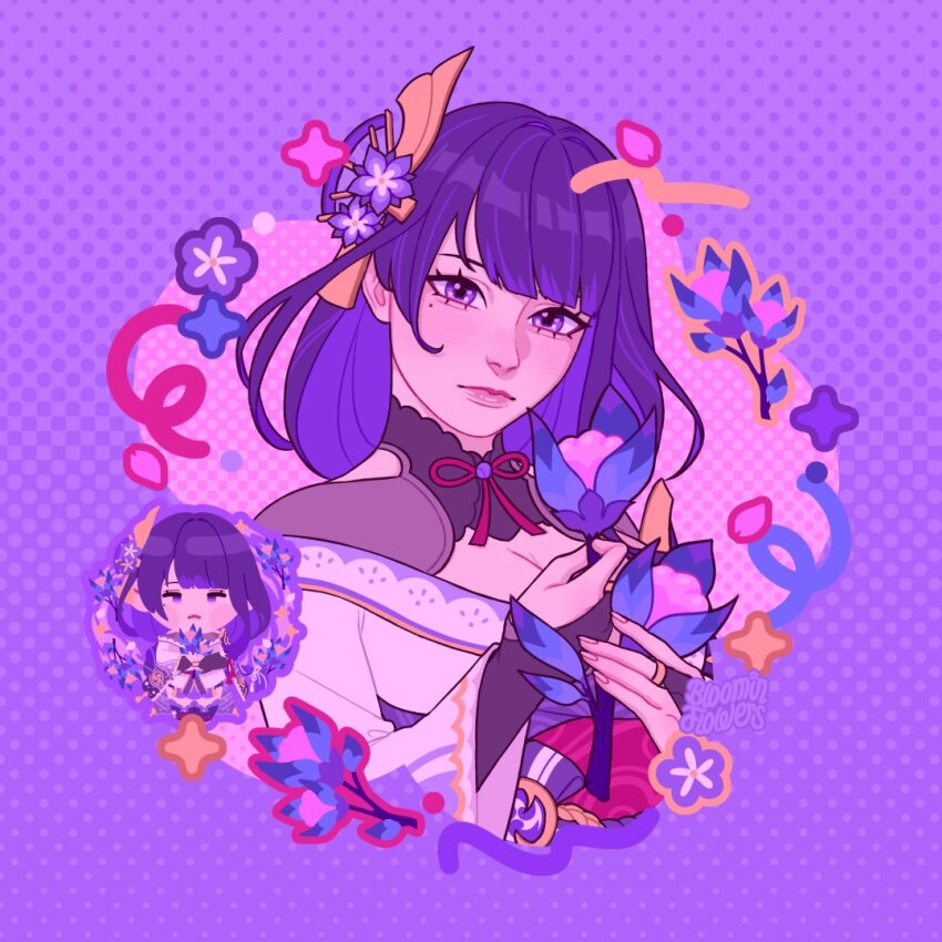 1girl bloominflowers chibi chibi_inset flower genshin_impact holding holding_flower long_hair looking_at_viewer purple_background purple_eyes purple_flower purple_hair raiden_shogun solo