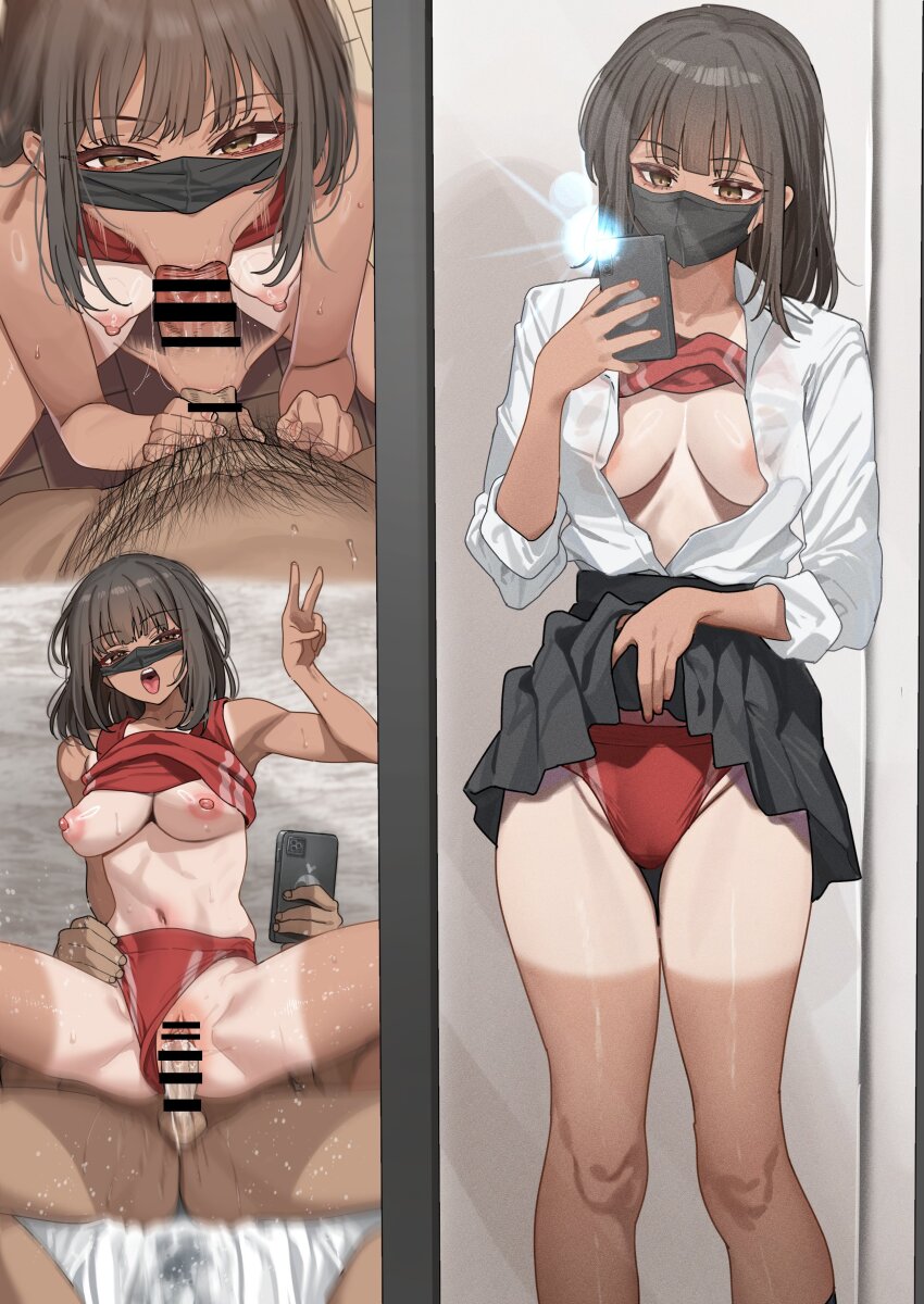 1boy 1girl :&gt;= absurdres afterimage areola_slip bar_censor black_mask black_skirt breasts breasts_out brown_eyes brown_hair buruma buruma_aside buruma_under_skirt cellphone censored clothed_sex clothes_lift clothing_aside collared_shirt commentary feet_out_of_frame fellatio girl_on_top hetero highres holding holding_phone kneeling lifting_own_clothes looking_at_viewer male_pubic_hair mask mask_lift medium_breasts medium_hair miniskirt mirror_selfie motion_blur mouth_mask multiple_views nipples no_bra open_mouth oral original partially_unbuttoned penis phone pleated_skirt pubic_hair ramanda red_buruma red_tank_top reverse_cowgirl_position selfie shirt shirt_lift shirt_tucked_in skirt skirt_lift smartphone solo_focus standing straddling tan tank_top tanline testicles thigh_gap tomboy tongue tongue_out v white_shirt wing_collar