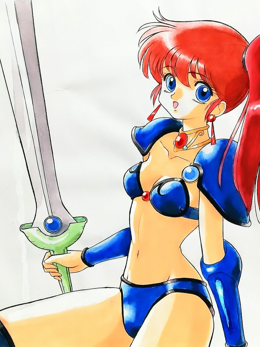 1080kazuo 1girl armor asagiri_youko bikini bikini_armor blue_bikini blue_eyes breasts earrings genmu_senki_leda highres holding holding_sword holding_weapon jewelry long_hair looking_at_viewer open_mouth pauldrons red_hair shoulder_armor side_ponytail simple_background small_breasts smile solo swimsuit sword vambraces weapon white_background