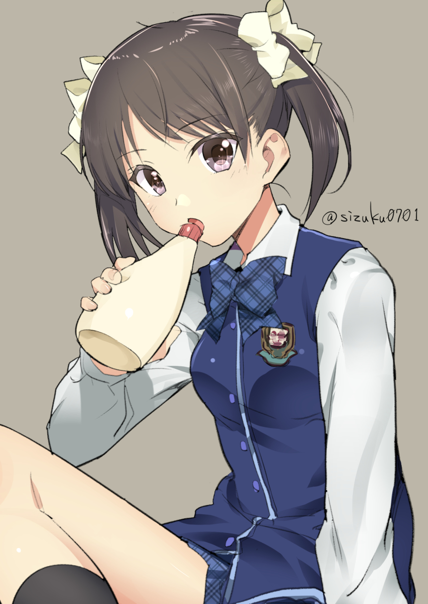 1girl akechi_shizuku bad_id bad_pixiv_id black_hair black_socks bottle collared_shirt ever_17 female_focus food grey_background highres holding holding_bottle holding_food kneehighs long_sleeves looking_at_viewer matsunaga_sara mayonnaise open_mouth purple_eyes school_uniform shirt simple_background sitting socks solo twintails twitter_username upper_body vest white_shirt