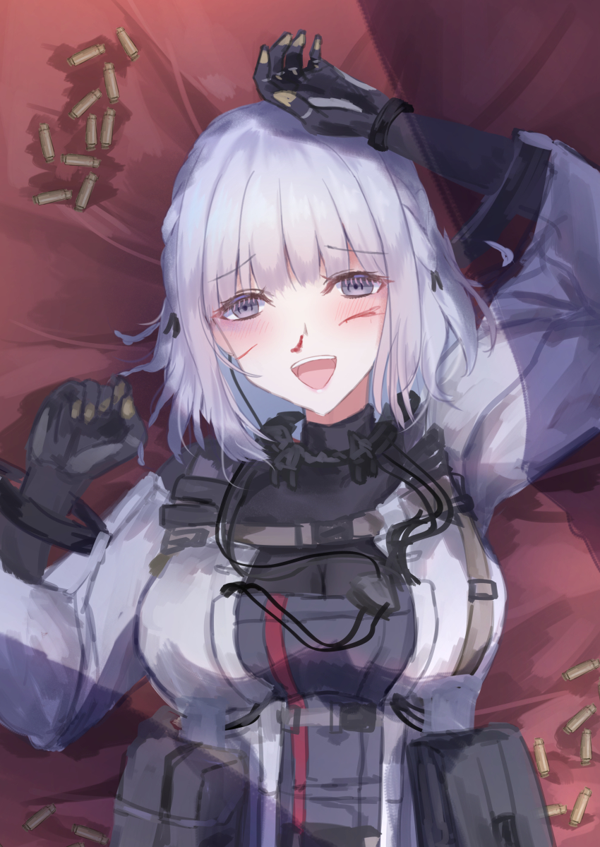 1girl absurdres blood blood_on_face blush breasts commentary_request girls&#039;_frontline gloves grey_hair highres injury long_hair looking_at_viewer lying martinreaction on_back open_mouth purple_eyes rpk-16_(girls&#039;_frontline) shell_casing short_hair smile solo tactical_clothes teeth upper_teeth_only