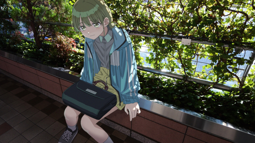 1girl blue_jacket commentary green_eyes green_hair grey_shirt highres idolmaster idolmaster_shiny_colors jacket nanakusa_nichika outdoors photo_background shirt short_hair sitting solo symbol-only_commentary takada_(pixiv_97599311)