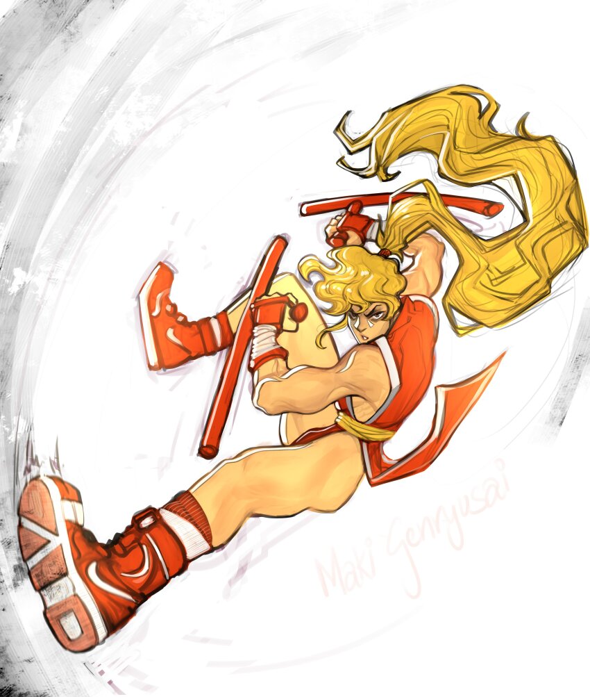 1girl absurdres adidas arm_wrap ass biceps blonde_hair breasts brown_eyes brush_stroke capcom_vs_snk_2 clothes_lift commentary deltoids english_commentary fighting_stance final_fight_2 fingerless_gloves full_body genryuusai_maki gloves hair_tie high_ponytail highres holding japanese_clothes leg_up long_hair looking_at_viewer mismatched_eyebrows monochrome_background muhash14 multicolored_shoes ninja obliques pelvic_curtain pelvic_curtain_lift ponytail red_gloves red_shoes red_socks ribbed_socks sash shoe_soles shoes sideboob sideless_outfit simple_background sneakers socks solo spinning street_fighter street_fighter_zero_(series) teeth thick_thighs thighs toned toned_female tonfa triceps two-tone_shoes two-tone_socks v-shaped_eyebrows weapon white_shoes white_socks yellow_sash