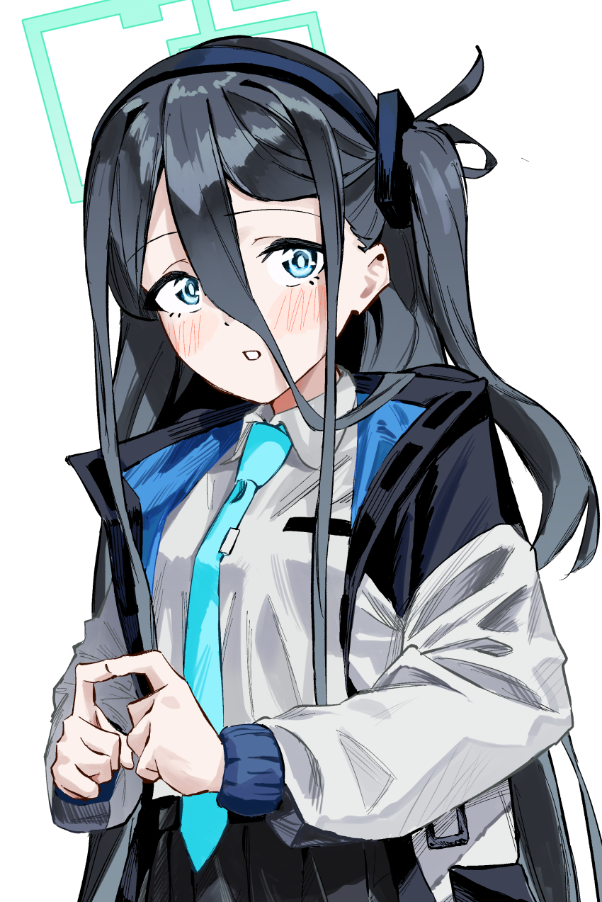 1girl absurdly_long_hair absurdres aqua_halo aris_(blue_archive) black_hair black_skirt blue_archive blue_eyes blue_necktie blush collared_shirt green_halo hair_between_eyes hairband halo highres index_finger_raised jacket long_hair long_hair_between_eyes long_sleeves looking_at_viewer necktie open_clothes open_jacket open_mouth rectangular_halo shirt simple_background skirt solo standing upper_body very_long_hair white_background white_shirt xiegitoai