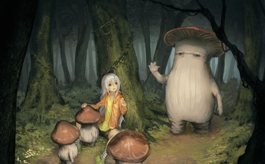 1girl ahoge bike_shorts bionekojita braid commentary_request crossover dark_souls_(series) dark_souls_i forest grey_eyes grey_hair hair_between_eyes headpat hood hoodie hoshi_syoko idolmaster idolmaster_cinderella_girls long_hair mushroom mushroom_child mushroom_parent nature open_clothes open_hoodie shirt shoes side_braid single_braid sitting smile sneakers socks striped_legwear tree waving