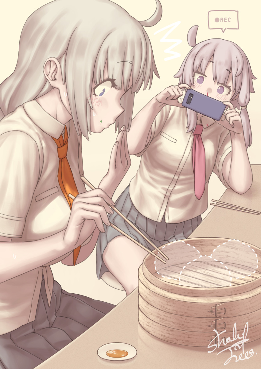 2girls ^^^ absurdres alternate_costume bamboo_steamer steamed_bun blood blush breasts chopsticks closed_mouth collared_shirt dotted_line dress_shirt food food_on_face from_side grey_hair grey_skirt hand_to_own_mouth hand_up highres holding holding_chopsticks holding_phone kizuna_akari large_breasts leaning_to_the_side long_hair looking_down multiple_girls necktie nosebleed on_stool orange_necktie phone pink_necktie pleated_skirt profile purple_eyes recording reflective_table school_uniform shade_of_trees shirt short_hair_with_long_locks short_sleeves signature simple_background sitting skirt small_breasts voiceroid white_shirt yuzuki_yukari