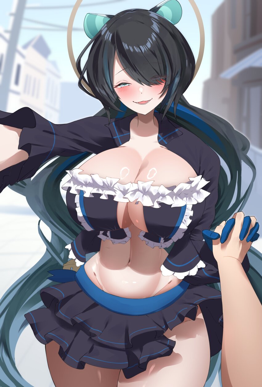 1girl absurdres animal_ears bell black_hair black_skirt blue_eyes blush breasts cleavage erina_makina eyes_visible_through_hair frills halo highres interlocked_fingers large_breasts linea_alba looking_at_viewer miniskirt navel phase_connect second-party_source skirt smile smoke_klll stomach tiger_ears tiger_girl virtual_youtuber