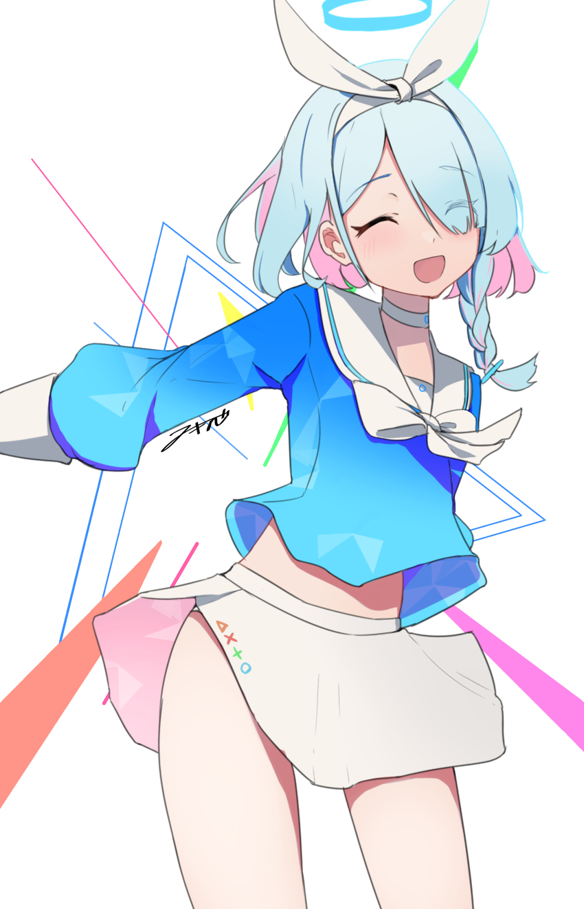 1girl :d ^_^ absurdres akinoji_(akiponpon27) arona_(blue_archive) blue_archive blue_hair blue_halo blue_shirt blush bow bow_hairband braid choker closed_eyes colored_inner_hair commentary_request hairband halo highres loli multicolored_hair open_mouth partial_commentary pink_hair sailor_collar school_uniform serafuku shirt signature skirt smile solo triangle two-tone_hair white_background white_bow white_choker white_hairband white_sailor_collar white_skirt