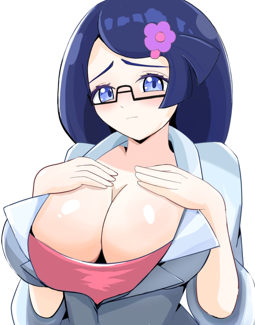 1girl blue_eyes breasts cleavage fennel_(pokemon) glasses hair_ornament hairclip hands_on_own_chest highres lab_coat large_breasts long_hair looking_at_viewer minazukitoku nintendo pink_shirt pokemon pokemon_bw purple_hair shirt unzipped upper_body