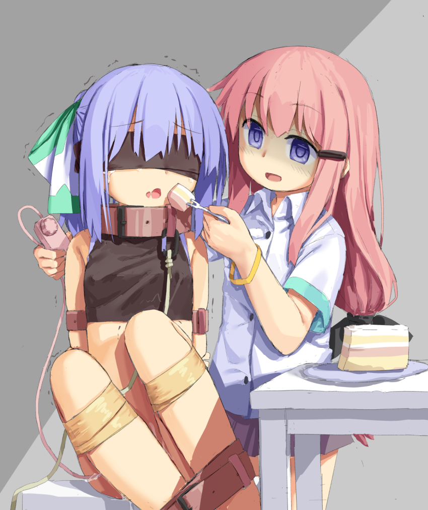 2girls bad_id bad_twitter_id bdsm belt_collar blindfold blue_hair bondage bound cake choker collar crying eating food hassai highres multiple_girls no_panties no_pants original pink_hair purple_eyes pussy_juice sex_toy short_shorts shorts skirt vibrator