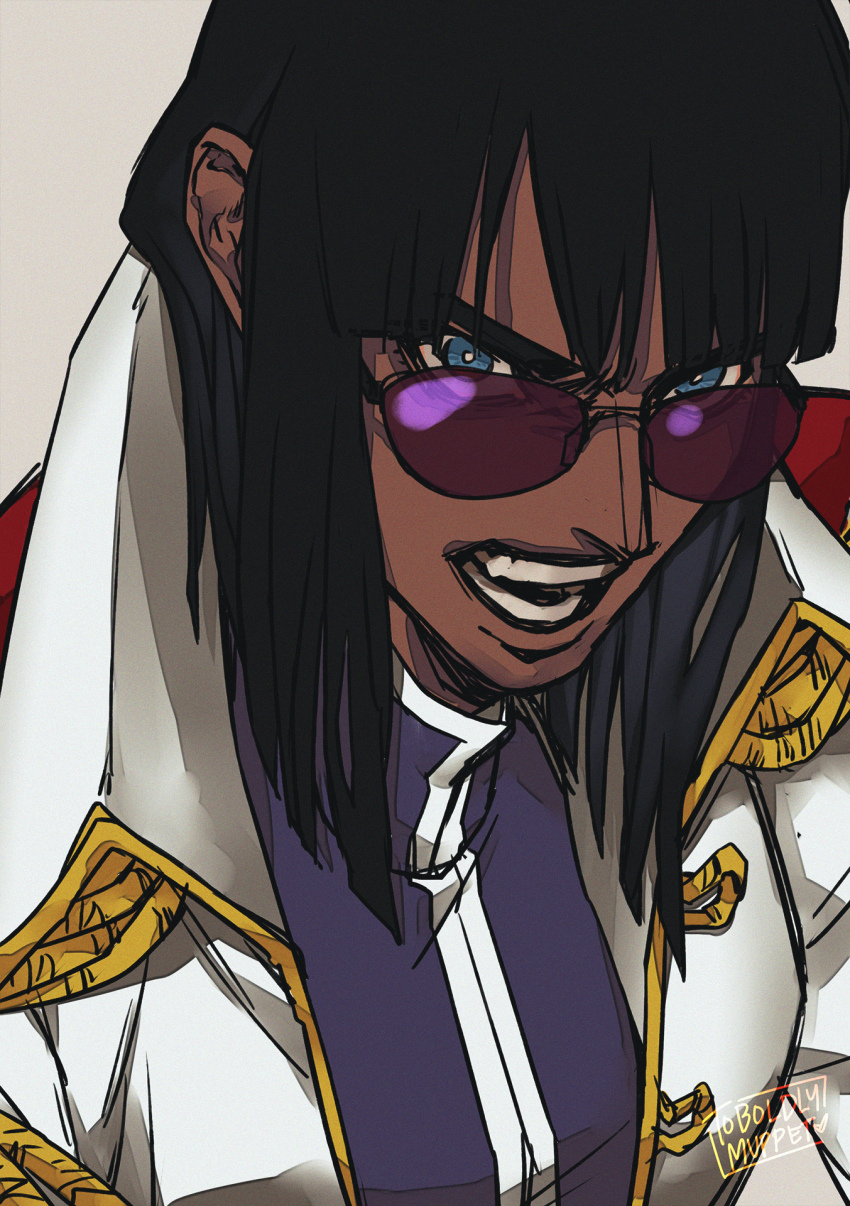 1girl artist_name black_hair blue_eyes blunt_bangs coat coat_on_shoulders commentary dark-skinned_female dark_skin english_commentary epaulettes highres long_hair looking_at_viewer nico_robin nico_robin_(g-8) official_alternate_costume one_piece open_clothes open_coat open_mouth purple-tinted_eyewear simple_background solo sunglasses teeth tinted_eyewear toboldlymuppet uniform v-shaped_eyebrows white_coat