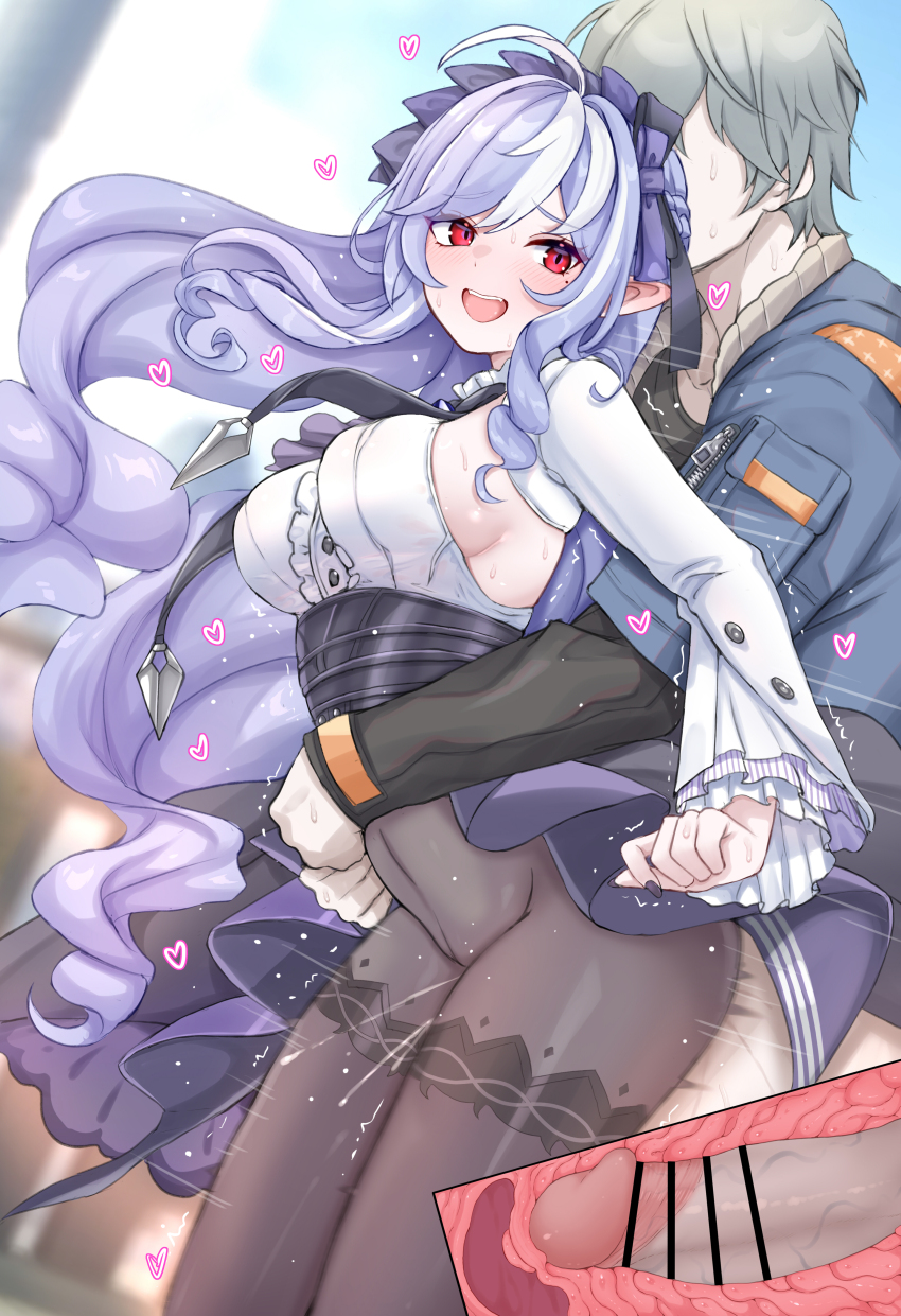1boy 1girl absurdres ahoge bar_censor black_pantyhose black_shirt blue_jacket blue_sky blush bow breasts censored center_frills clothed_sex commentary couple cross-section daram_(shappydude) day denim denim_jacket dress frills grey_hair hair_bow heart hetero high-waist_skirt highres hug hug_from_behind jacket large_breasts large_variant_set long_sleeves looking_at_viewer mole mole_under_eye multicolored_hair open_mouth outdoors pantyhose patterned_legwear penis pointy_ears purple_bow purple_eyes purple_hair purple_skirt red_eyes revision sex sex_from_behind shirt short_hair showgirl_skirt sideboob skirt sky smile streaked_hair teeth two-tone_hair underbust upper_teeth_only variant_set vivian_(zenless_zone_zero) white_hair white_shirt wise_(zenless_zone_zero) zenless_zone_zero