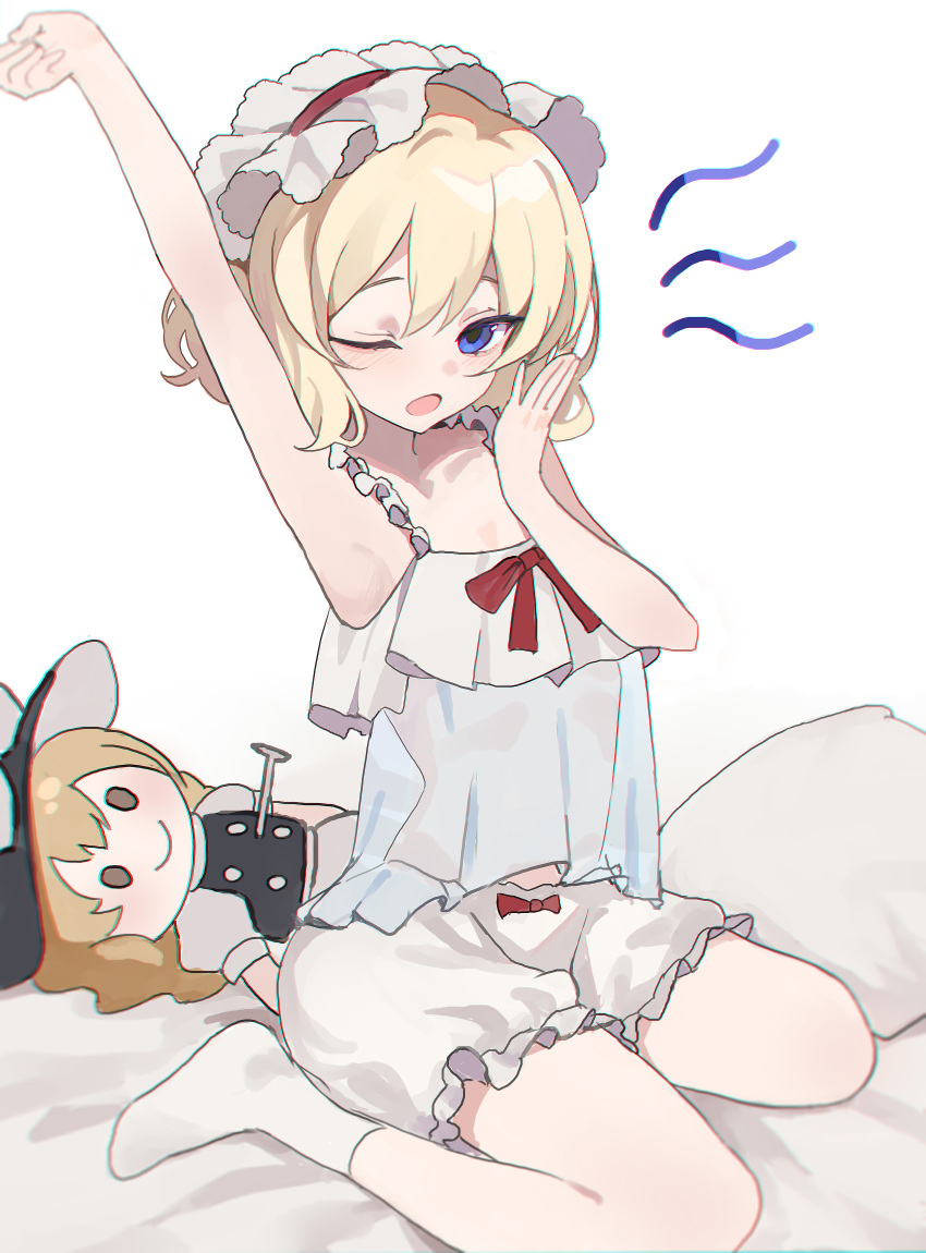 1girl :o alice_margatroid arm_up armpits bare_arms blonde_hair bloomers blue_eyes character_doll commentary_request doll frilled_hairband frills full_body hairband hand_up highres kani_nyan kirisame_marisa looking_at_viewer medium_hair nightgown no_shoes on_bed one_eye_closed open_mouth pillow red_ribbon ribbon see-through_clothes see-through_nightgown sitting socks solo squiggle stretching touhou underwear waking_up wariza white_background white_bloomers white_nightgown white_socks yawning