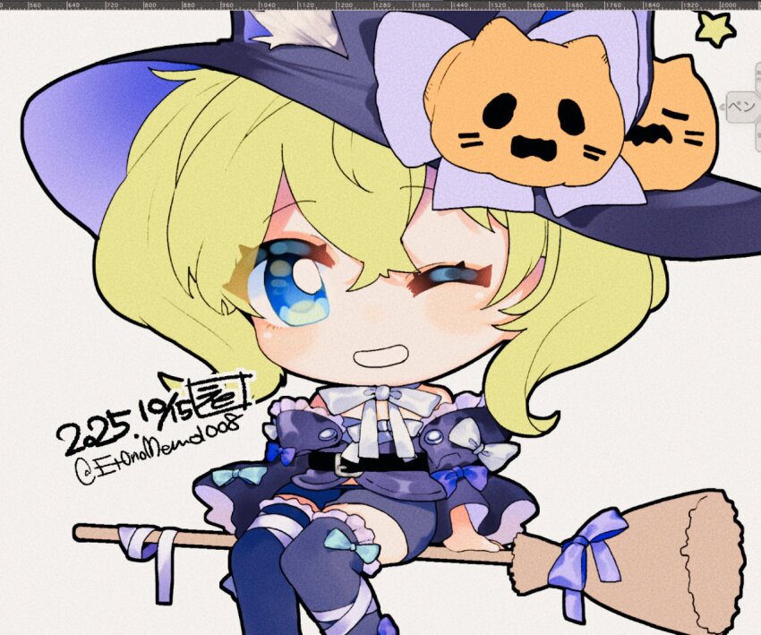 animal_ear_fluff animal_ears artist_logo bandages black_shorts black_thighhighs blonde_hair blue_eyes blue_ribbon broom broom_riding cat_ears dated eto_(etonomemo1008) frilled_jacket frilled_thighhighs frills gambier_bay_(halloween)_(kancolle) gambier_bay_(kancolle) gambier_bay_mk_ii_(kancolle) grin halloween_costume hat jack-o&#039;-lantern_hat_ornament jacket kantai_collection logo long_hair one_eye_closed ribbon shorts simple_background smile thighhighs twintails twitter_username white_background witch_hat