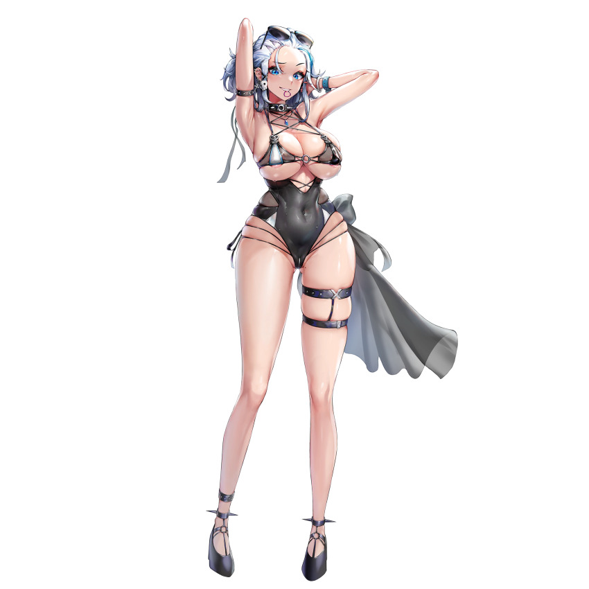 1girl areola_slip armpits asymmetrical_bikini asymmetrical_clothes bikini black_bikini blue_eyes blue_hair bracelet breasts bumcha collar covered_erect_nipples covered_navel cross cross_earrings ear_piercing earrings eyewear_on_head full_body gluteal_fold hair_ornament hand_in_own_hair heart high_heels highres hoop_earrings huge_breasts jewelry last_origin long_hair looking_at_viewer mole mole_on_thigh mouth_hold multicolored_hair o-ring o-ring_bikini official_alternate_costume official_art piercing raised_eyebrow see-through_clothes skindentation skull_earrings smile solo sonia_of_devastation spiked_bracelet spiked_collar spiked_footwear spikes streaked_hair string_bikini sunglasses swimsuit tachi-e teeth thigh_strap transparent_background tying_hair watch white_hair
