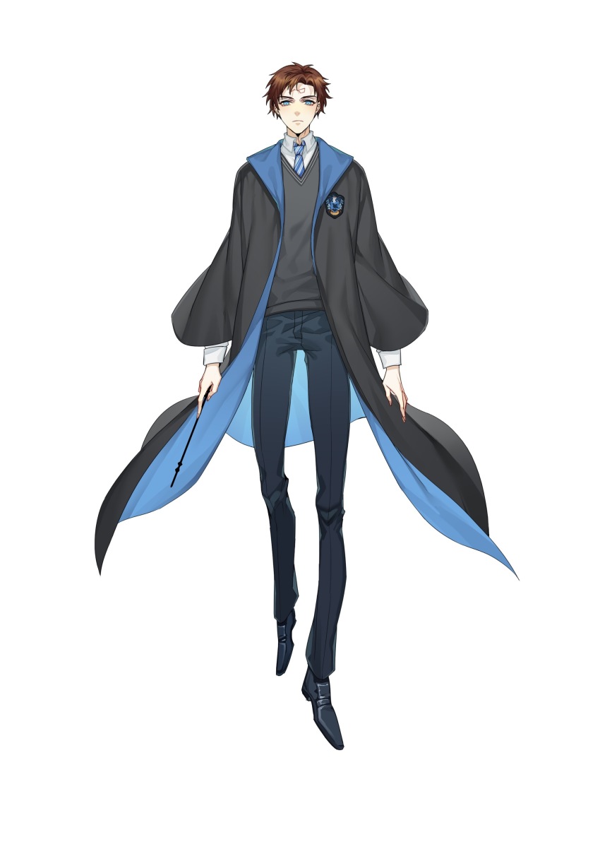 1boy absurdres arms_at_sides black_coat black_pants black_shoes blue_pants brown_hair coat collared_shirt constellation cosplay dipper_gleeful dipper_pines facial_mark floating forehead_mark full_body gravity_falls grey_sweater harry_potter_(series) highres hogwarts_school_uniform holding holding_wand long_sleeves looking_at_viewer male_focus pants ravenclaw reverse_falls_(gravity_falls) rjun1431 school_uniform shirt shoes short_hair simple_background solo sweater two-sided_coat two-sided_fabric wand white_background wide_sleeves wizarding_world