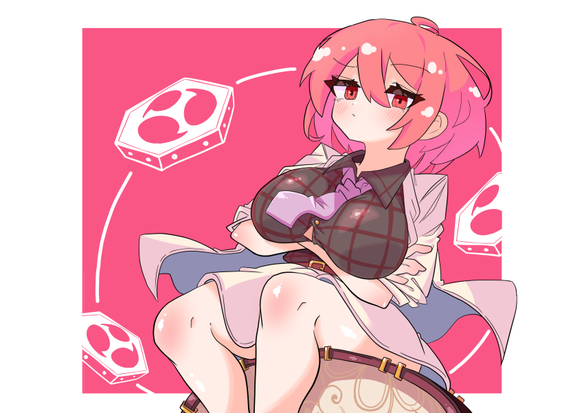 1girl absurdres ahoge arms_under_breasts belt black_shirt breasts crossed_arms drum drum_set feet_out_of_frame hair_between_eyes happynalga hashtag-only_commentary highres horikawa_raiko instrument jacket large_breasts looking_at_viewer mitsudomoe_(shape) necktie plaid_clothes plaid_shirt purple_necktie red_background red_eyes red_hair shirt simple_background sitting skirt solo taiko_drum tomoe_(symbol) touhou white_jacket white_skirt