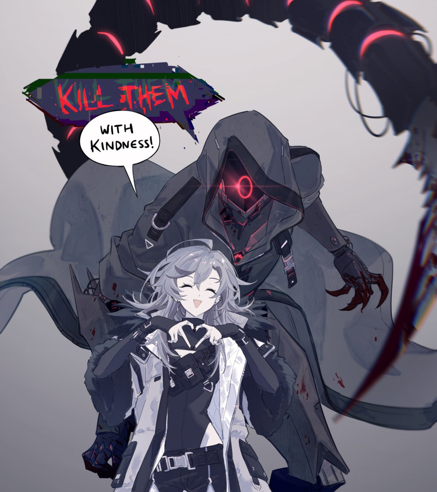 1girl 1other :d belt black_belt black_coat black_shirt black_shorts blood closed_eyes coat commentary connie_(expuella) english_text fur-trimmed_jacket fur_trim grey_hair grey_jacket heart heart_hands highres hood hood_up hooded_coat jacket long_hair mao_(expuella) mechanical_tail messy_hair open_mouth original robot shirt shorts smile speech_bubble symbol-only_commentary tail