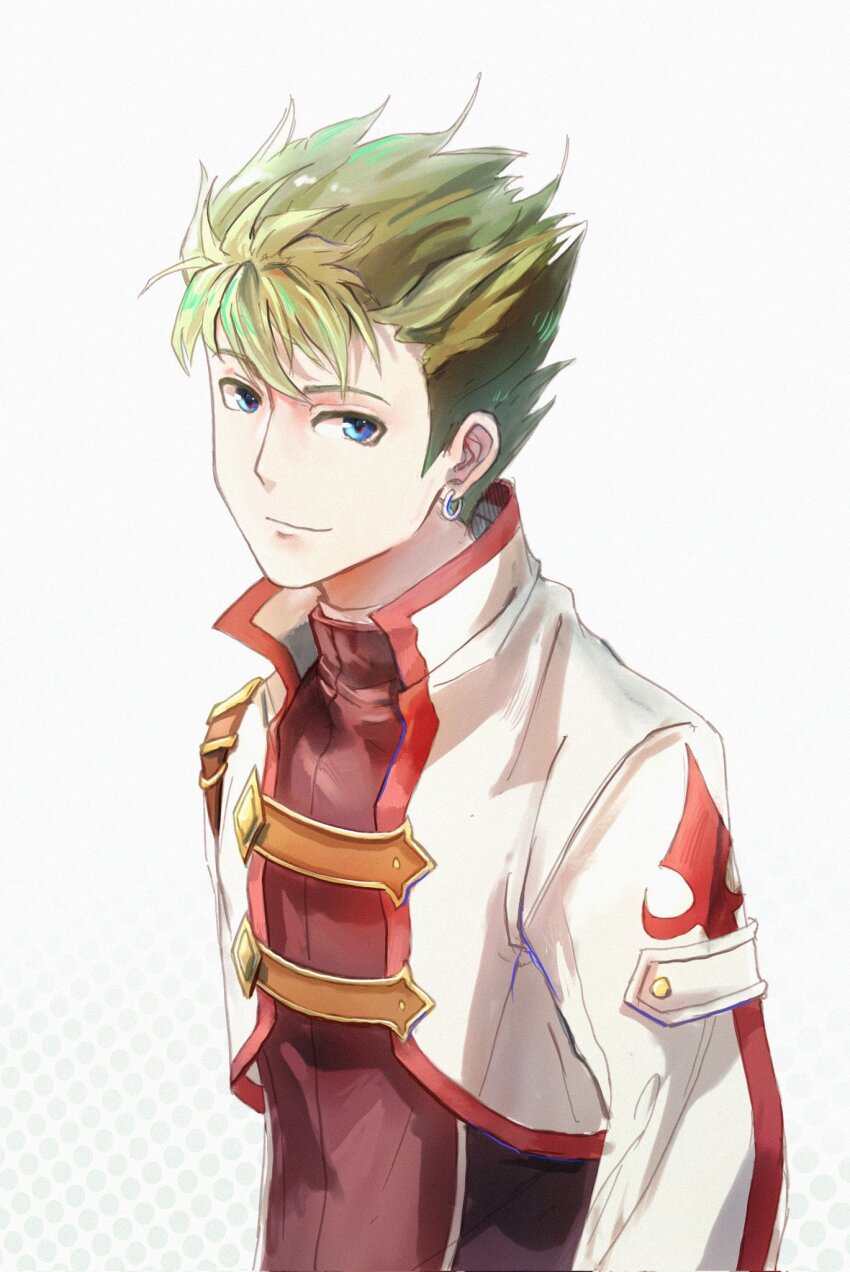 1boy blue_eyes cropped_jacket earrings eiyuu_densetsu ffuald1013 green_hair highres jewelry kevin_graham looking_at_viewer male_focus portrait simple_background smile solo sora_no_kiseki spiked_hair upper_body white_background