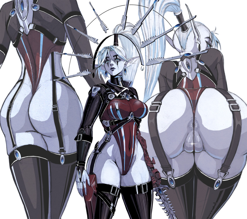 1girl anus anus_peek armored_leotard ass bent_over black_thighhighs border breasts closed_mouth commentary earrings eldar elf full_body hair_ornament highleg highleg_leotard highres holding holding_sword holding_weapon jewelry leotard lewdanon lips long_hair long_sleeves medium_breasts pale_skin partially_visible_vulva pointy_ears pussy red_background red_leotard shrug_(clothing) solo standing stirrup_legwear sword thighhighs thong_leotard toeless_legwear toes very_long_hair warhammer_40k weapon white_border wide_hips yvraine