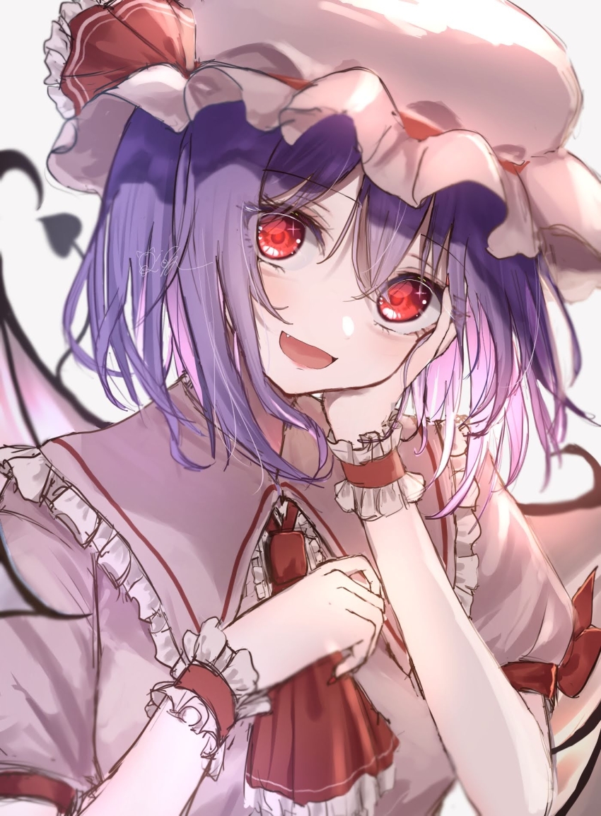 1girl ascot bat_wings commentary_request fang frilled_cuffs frilled_hat frilled_shirt_collar frills hair_between_eyes hand_on_own_face hands_up hat hat_ribbon highres looking_at_viewer mob_cap nekono_rion open_mouth pink_hat pink_shirt purple_hair red_ascot red_eyes red_ribbon remilia_scarlet ribbon shirt short_hair short_sleeves smile solo touhou variant_set wings wrist_cuffs