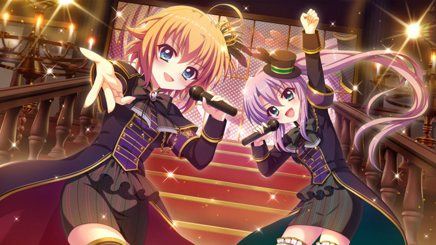 2girls :d ahoge aqua_eyes arm_up armband black_bow black_coat black_skirt blue_eyes bow breasts brooch buttons candle chain chandelier coat concert cosplay cowboy_shot crown dot_nose double-breasted duet dutch_angle fang film_grain game_cg gold_chain green_coat green_ribbon hat hat_ribbon high_ponytail holding holding_microphone indoors izumi_tsubasu jewelry leaning_to_the_side long_hair looking_at_viewer microphone mini_crown mini_hat mini_top_hat misaki_sango misaki_sango_(cosplay) multiple_girls non-web_source official_art open_mouth orange_hair outstretched_arm outstretched_hand pencil_skirt pillar ponytail purple_armband purple_hair railing re:stage! reaching reaching_towards_viewer red_coat ribbon screen shikimiya_aone shikimiya_aone_(cosplay) shikimiya_mana short_hair sidelocks skirt small_breasts smile sparkle stairs striped_bow striped_clothes striped_skirt thighhighs tilted_headwear top_hat tsukisaka_sayu two-sided_coat two-sided_fabric vertical-striped_clothes vertical-striped_skirt zettai_ryouiki