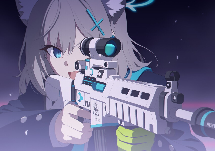 1girl abydos_high_school_logo aiming animal_ear_fluff animal_ears aqua_halo aqua_scarf artist_request assault_rifle blue_archive blue_eyes cross_hair_ornament extra_ears eyes_visible_through_hair finger_on_trigger game_cg gloves green_gloves grey_hair gun hair_between_eyes hair_ornament halo highres non-web_source official_art open_mouth rifle scarf school_uniform scope shiroko_(blue_archive) shirt sig_sauer_556 single_glove solo spoilers weapon white_shirt wolf_ears