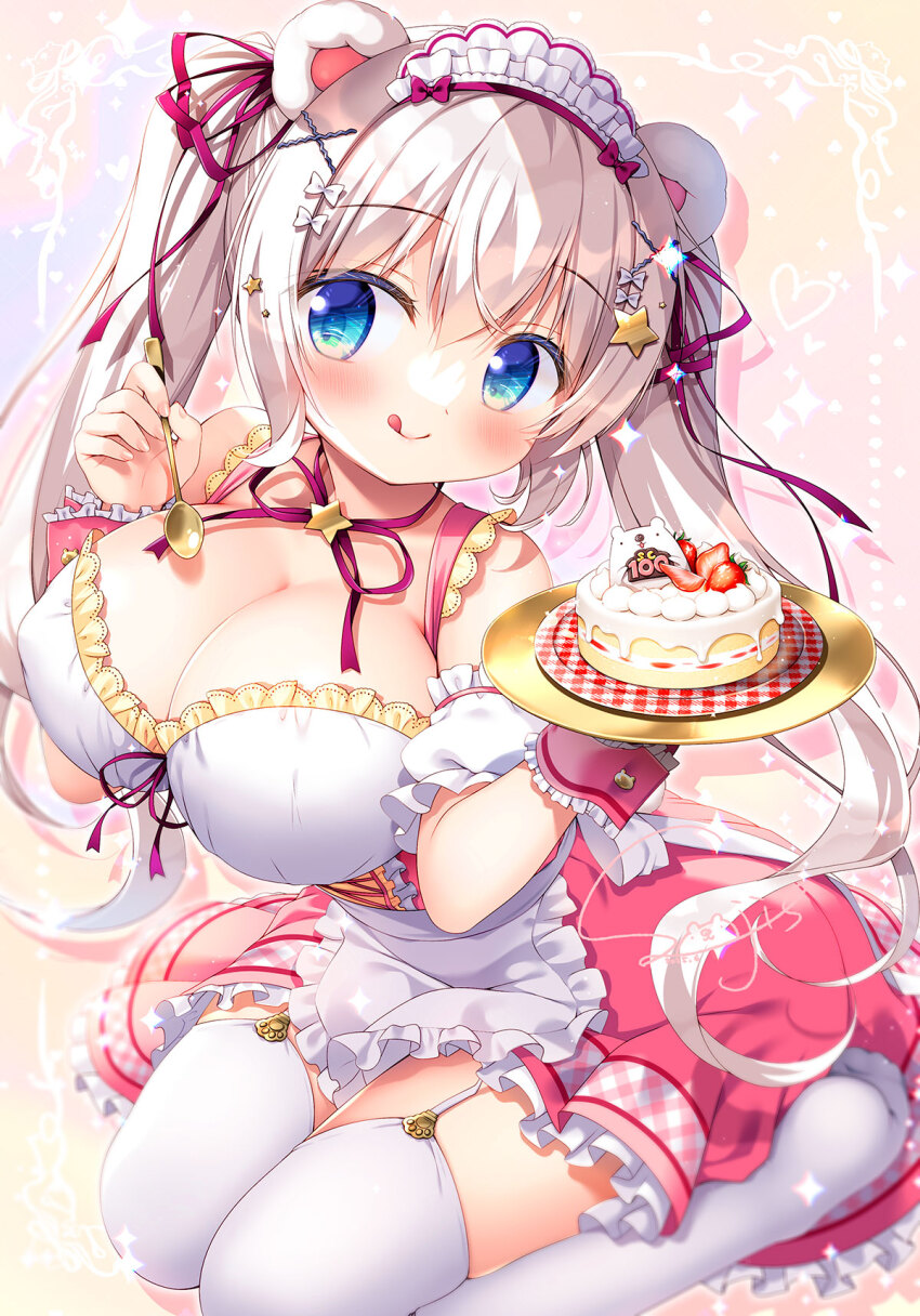 1girl :q animal_ears apron bear_ears bear_girl bear_tail blue_eyes blush bow breasts cake cleavage closed_mouth commentary_request detached_sleeves food frilled_apron frilled_skirt frills grey_hair hair_between_eyes hair_bow hair_ornament hairclip hands_up highres holding holding_plate holding_spoon large_breasts long_hair looking_at_viewer maid no_shoes original pink_skirt plate puffy_short_sleeves puffy_sleeves sasai_saji seiza short_sleeves signature sitting skirt smile soles solo sparkle spoon star_(symbol) star_hair_ornament tail thighhighs tongue tongue_out twintails very_long_hair white_apron white_bow white_sleeves white_thighhighs x_hair_ornament
