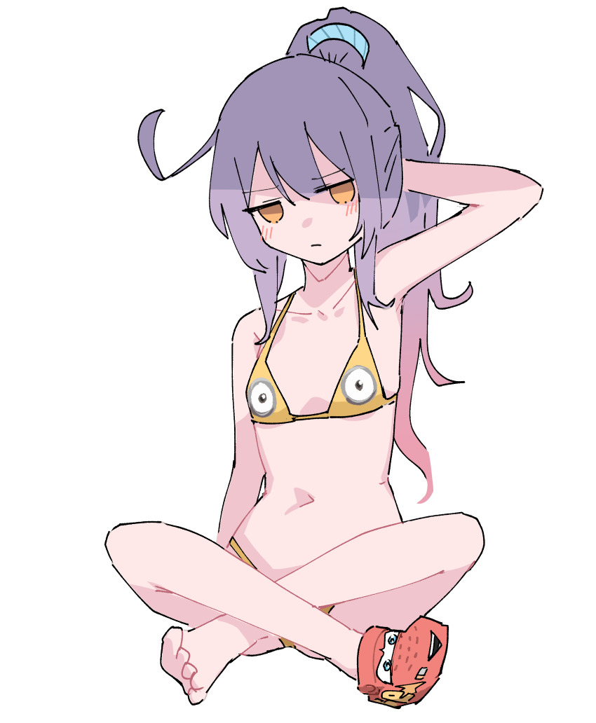 1girl absurdres arm_up bikini blush breasts cars_(movie) closed_mouth crocs despicable_me full_body hand_in_own_hair highres indian_style jitome lightning_mcqueen long_hair looking_at_viewer lyrinne minion_(despicable_me) navel original ponytail purple_hair shoes simple_background single_shoe sitting small_breasts solo swimsuit white_background yellow_bikini yellow_eyes