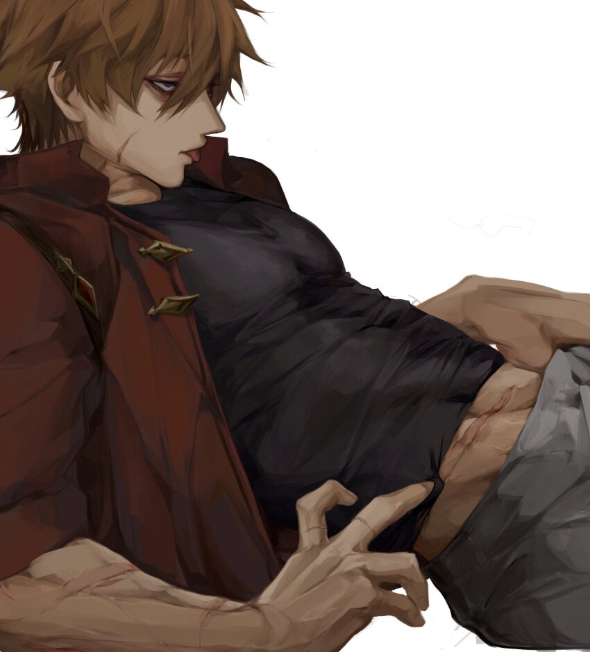 1boy bags_under_eyes black_shirt brown_hair collared_shirt covered_abs covered_pectorals cowboy_shot crew_neck facial_scar from_side genshin_impact grey_pants hand_in_pants highres k9mi looking_ahead male_focus multiple_scars open_clothes open_shirt pants pectorals popped_collar red_shirt scar scar_on_arm scar_on_cheek scar_on_face scar_on_stomach shirt short_hair simple_background solo tartaglia_(genshin_impact) tongue tongue_out white_background
